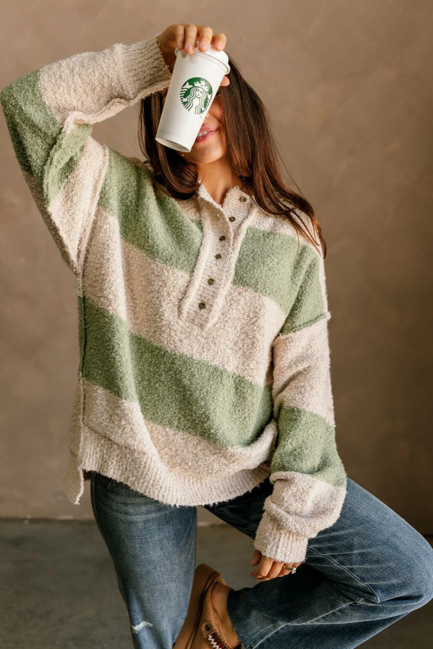 Maya Sage & Cream Stripe Knit Sweater - Image 4