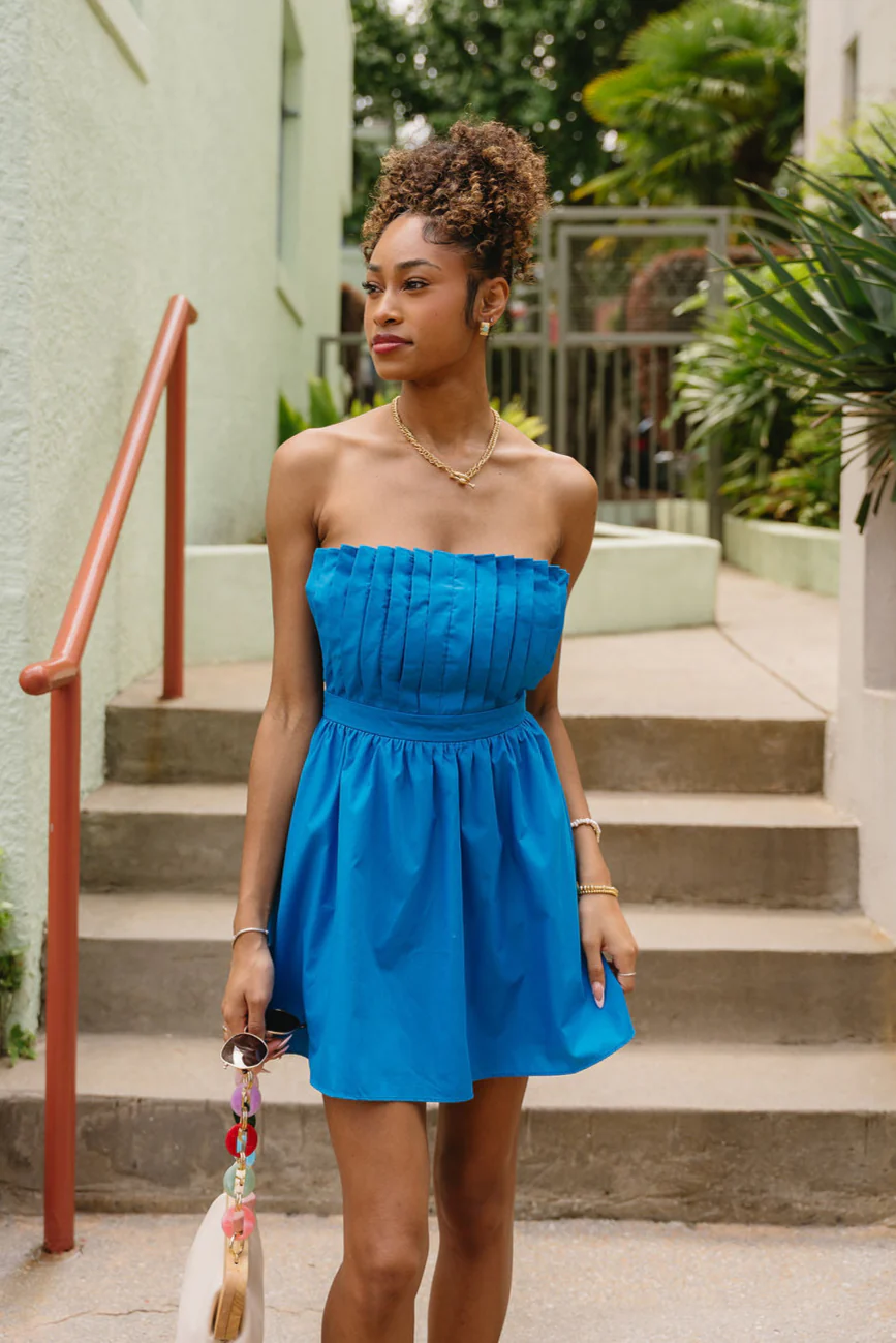 Ilianna Blue Pleated Strapless Mini Dress - Image 3