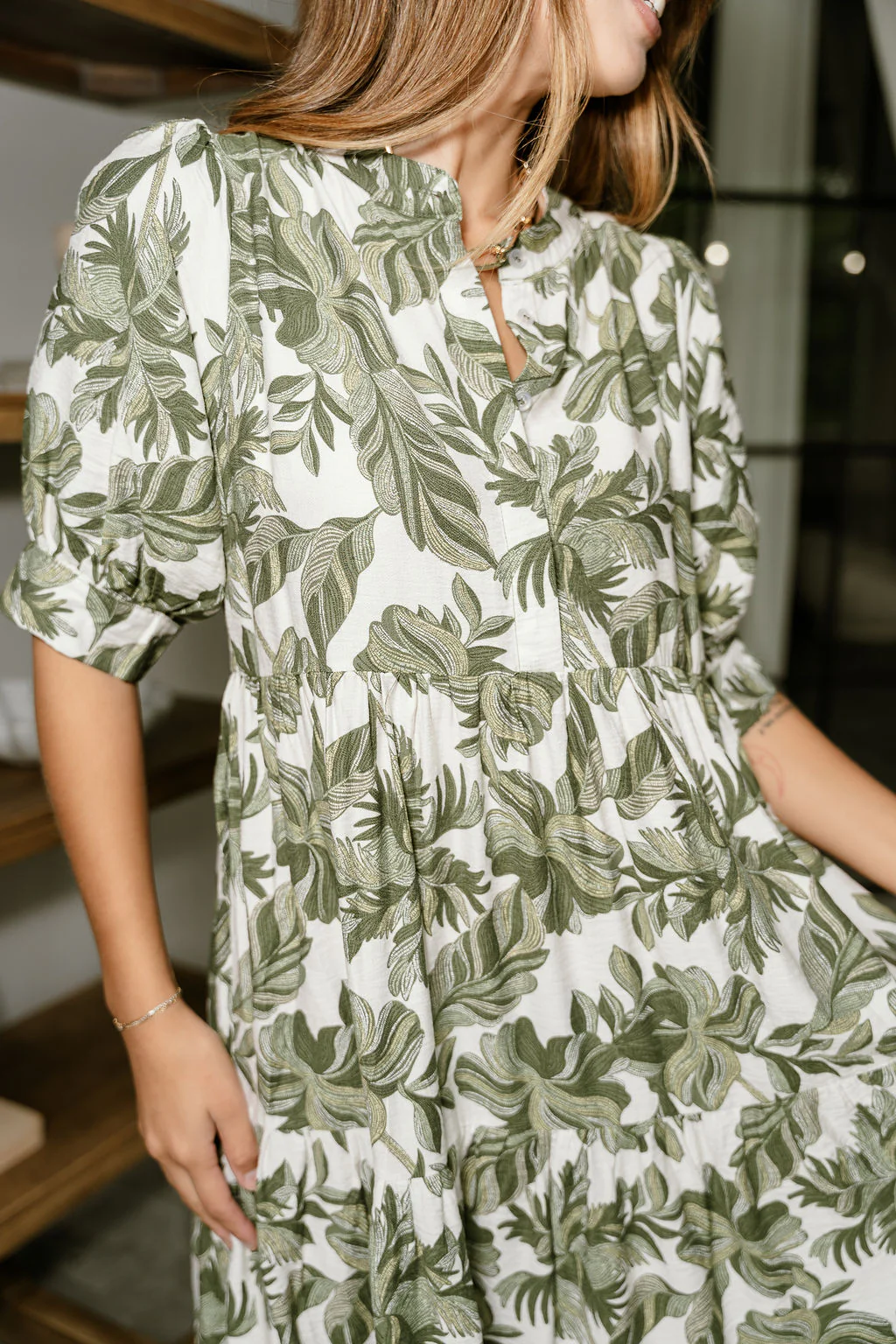 Irene Olive & White Palm Print Midi Dress - Image 3
