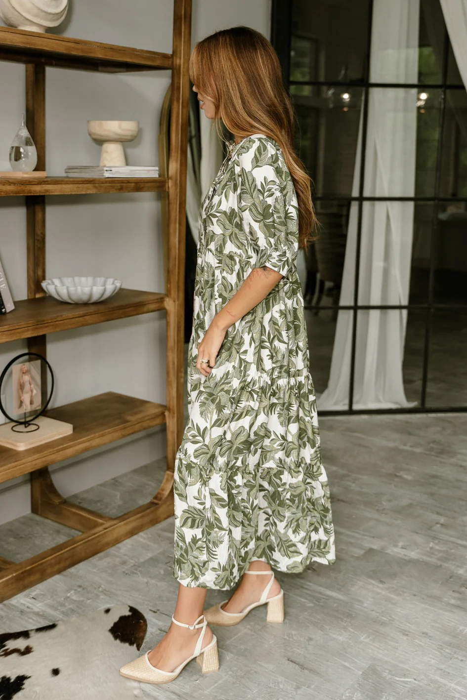 Irene Olive & White Palm Print Midi Dress - Image 7