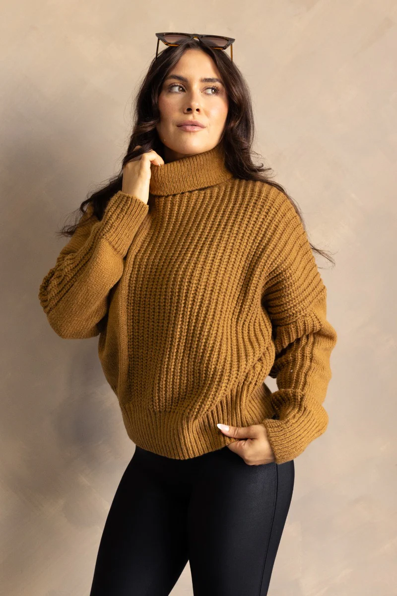 Isla Camel Cable Knit Turtleneck Sweater