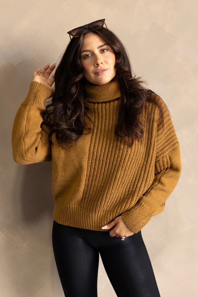Isla Camel Cable Knit Turtleneck Sweater - Image 3
