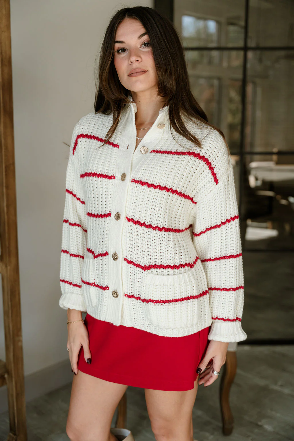 Isla Cream & Red Stripe Knit Cardigan - Image 3