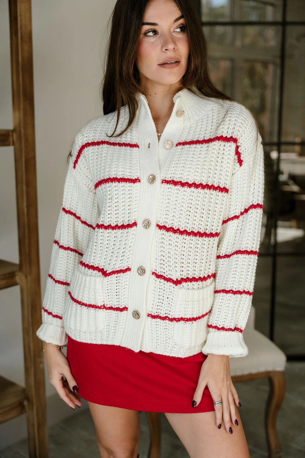 Isla Cream & Red Stripe Knit Cardigan - Image 5