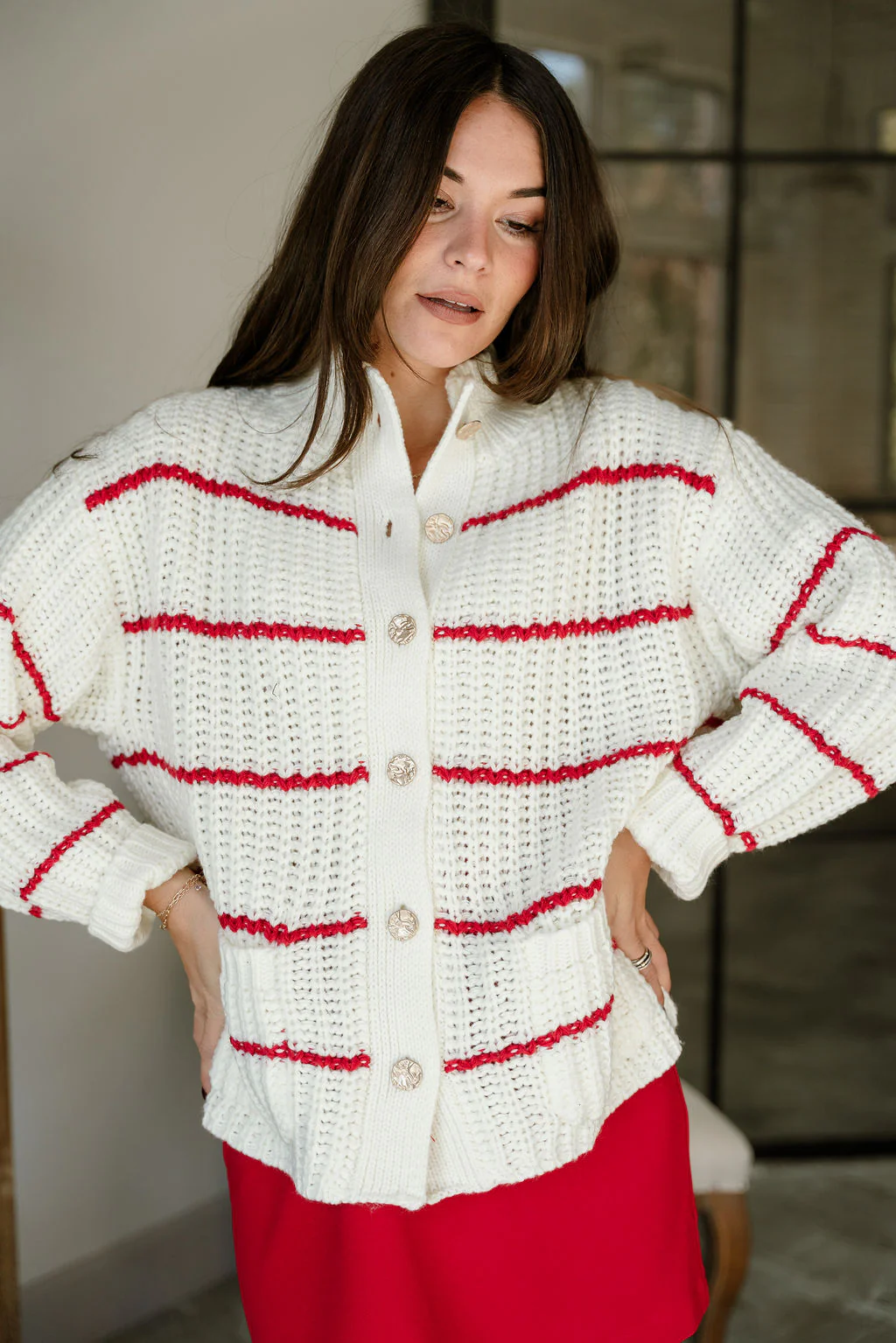 Isla Cream & Red Stripe Knit Cardigan - Image 7