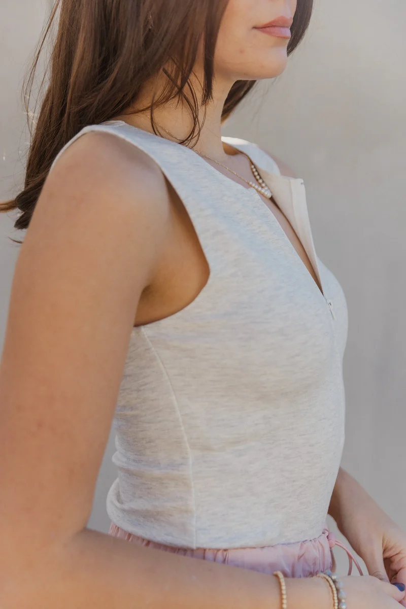 Isla Heather Grey Zip Up Sleeveless Bodysuit - Image 2