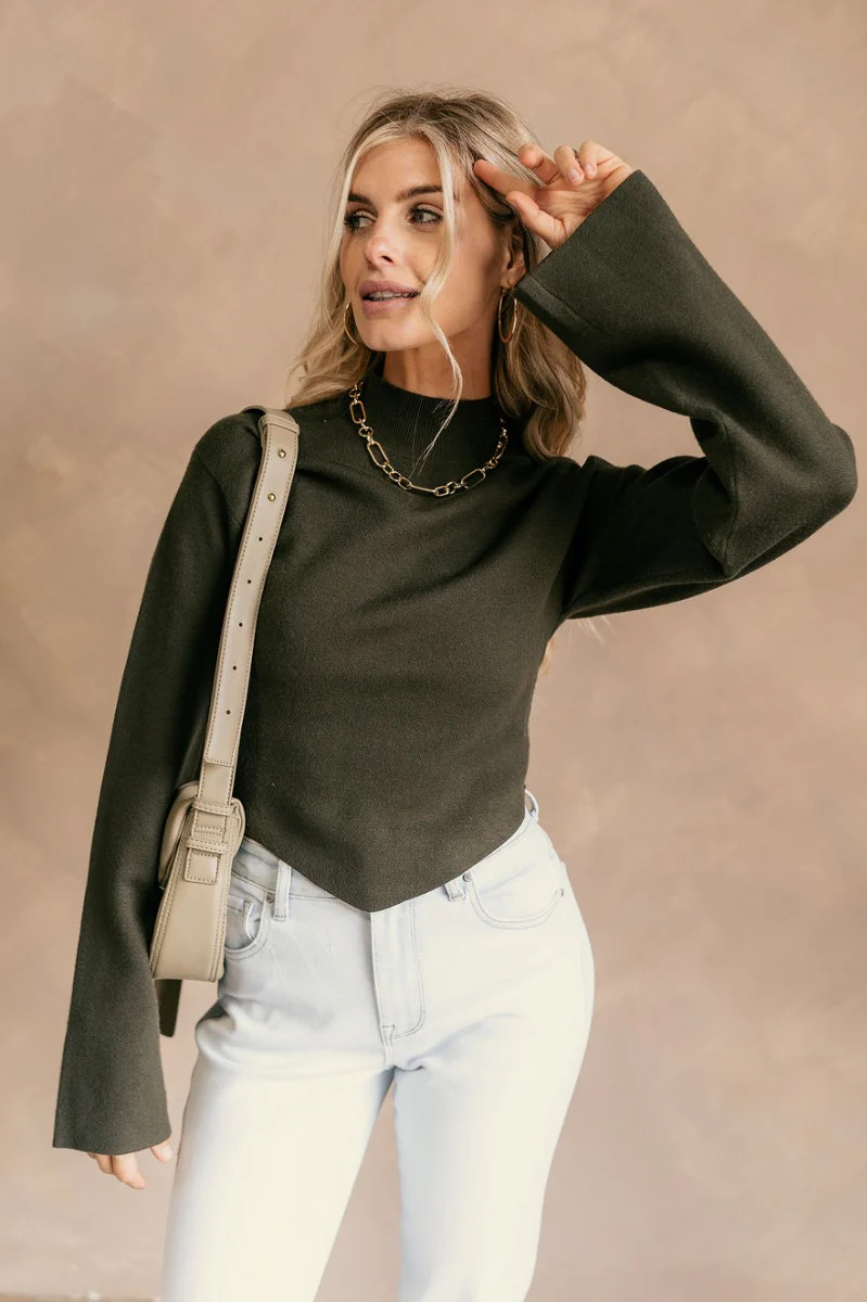 Isla Olive Green Long Flare Sleeve Cropped Sweater - Image 3