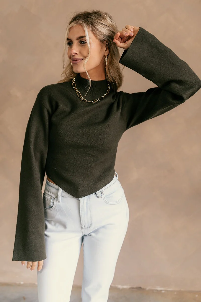 Isla Olive Green Long Flare Sleeve Cropped Sweater - Image 4