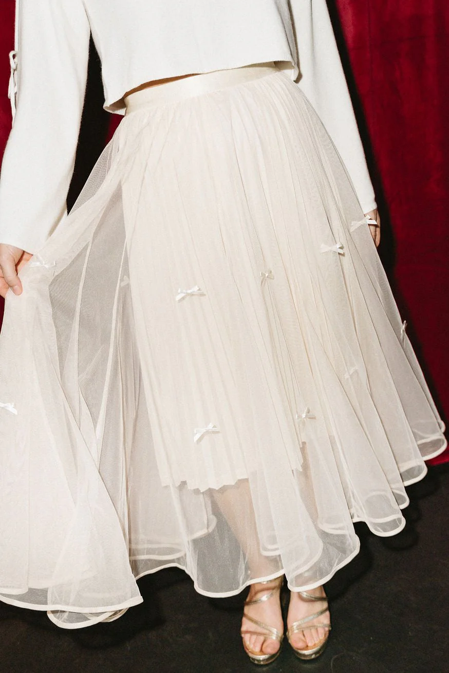 Ivy Cream Mesh Bow Midi Skirt - Image 3
