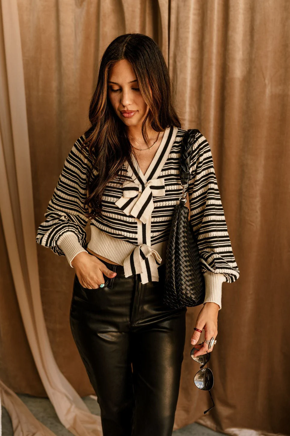 Caroline Black & Cream Stripe Bows Cardigan - Image 2