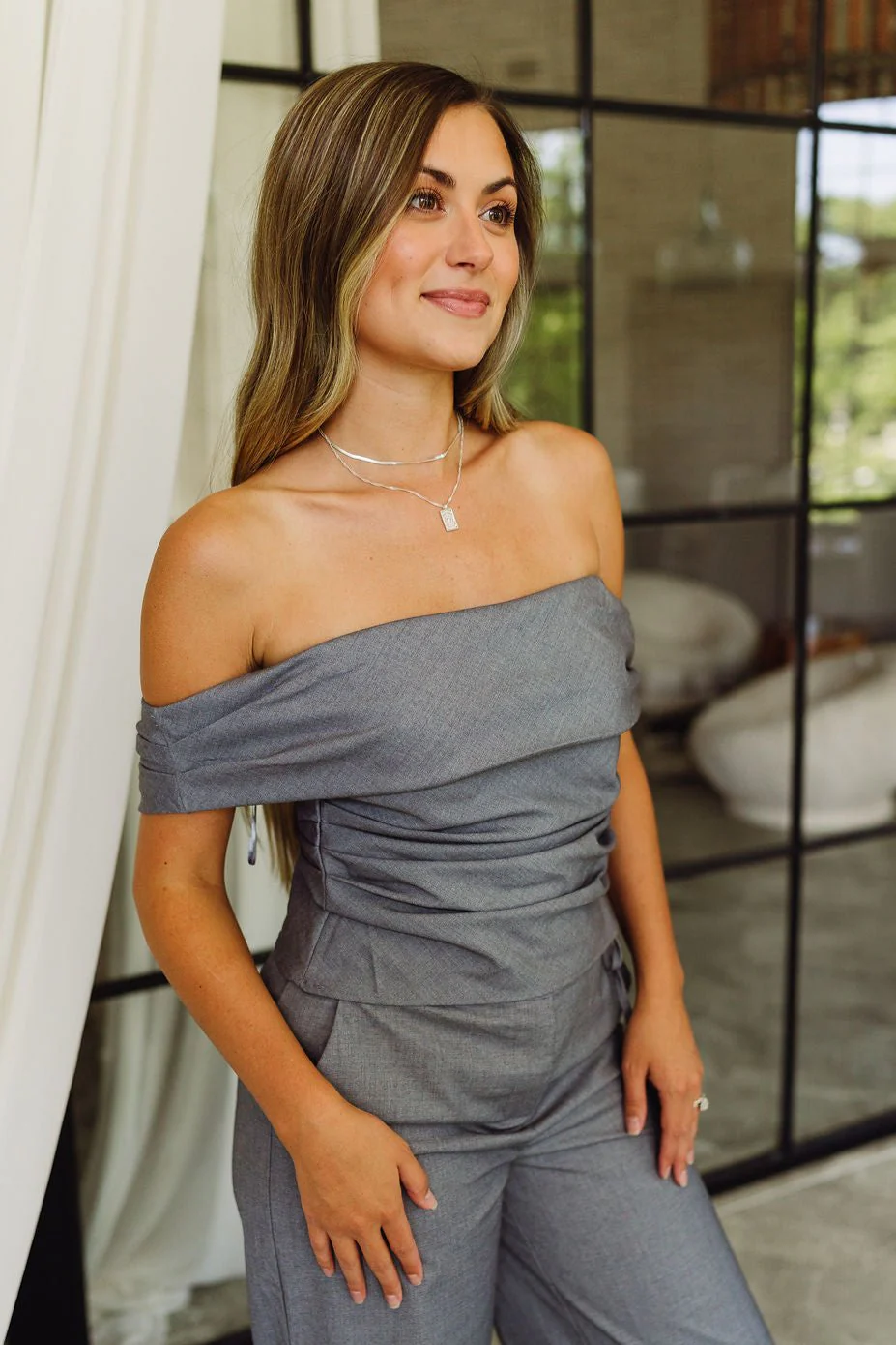 Jacqueline Grey Ruched Off-The-Shoulder Top