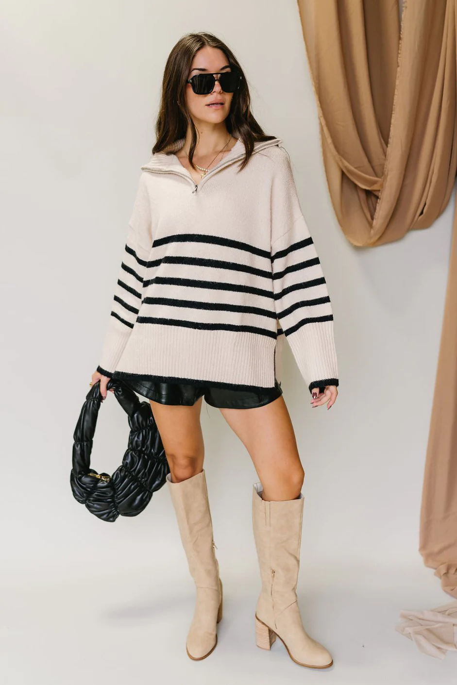 Jada Cream & Black Stripe Quarter Zip-Up Sweater - Image 2