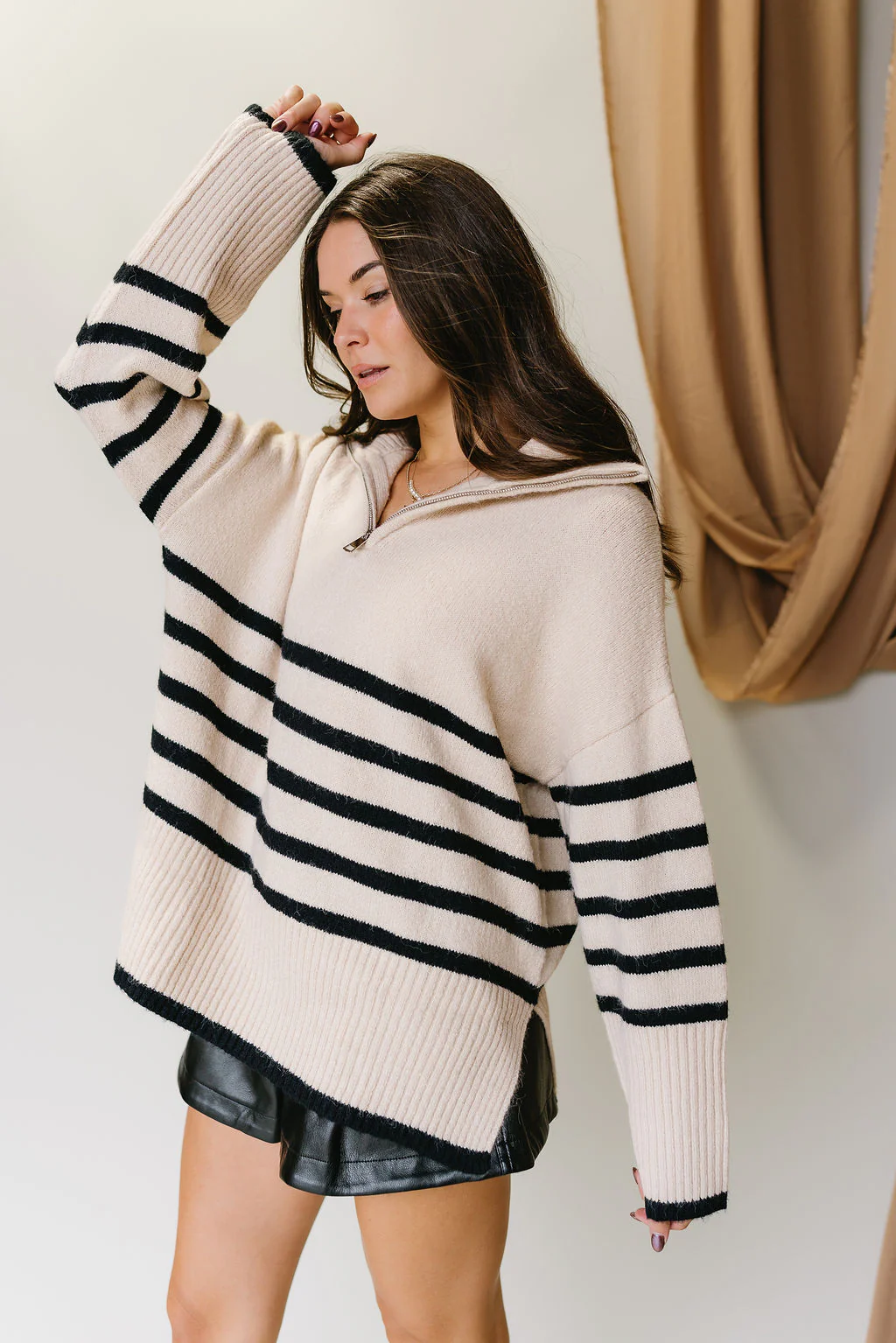 Jada Cream & Black Stripe Quarter Zip-Up Sweater - Image 3
