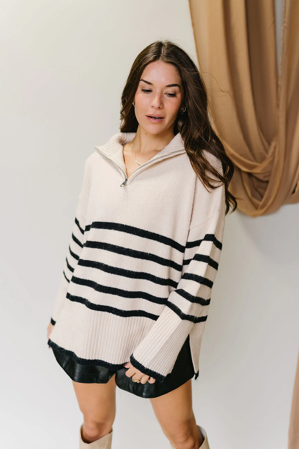 Jada Cream & Black Stripe Quarter Zip-Up Sweater - Image 6