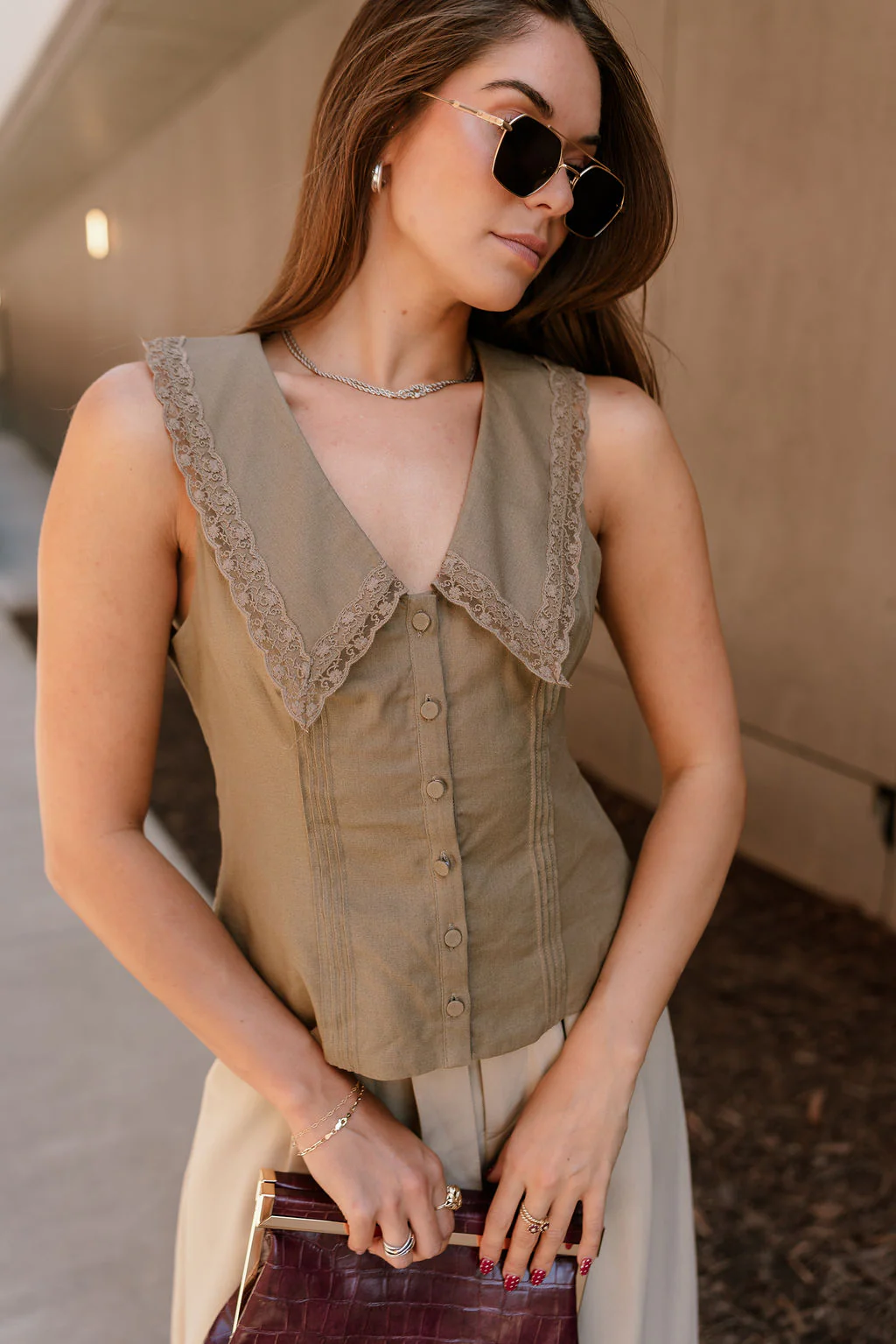 Jade Light Olive Lace Collar Vest