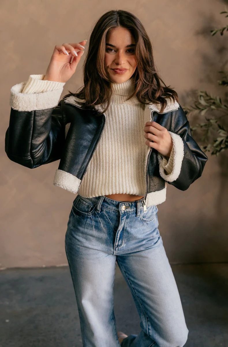 Jamie Black Faux Leather Puffer & Sherpa Cropped Jacket