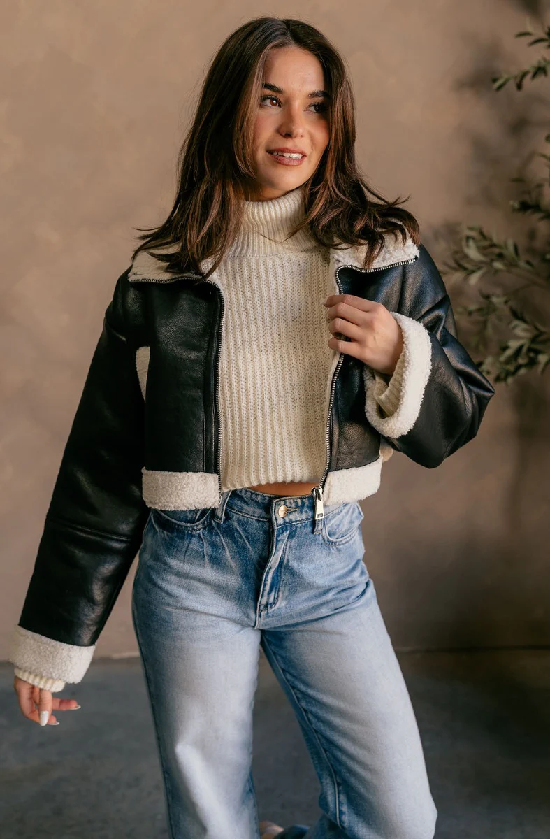 Jamie Black Faux Leather Puffer & Sherpa Cropped Jacket - Image 3
