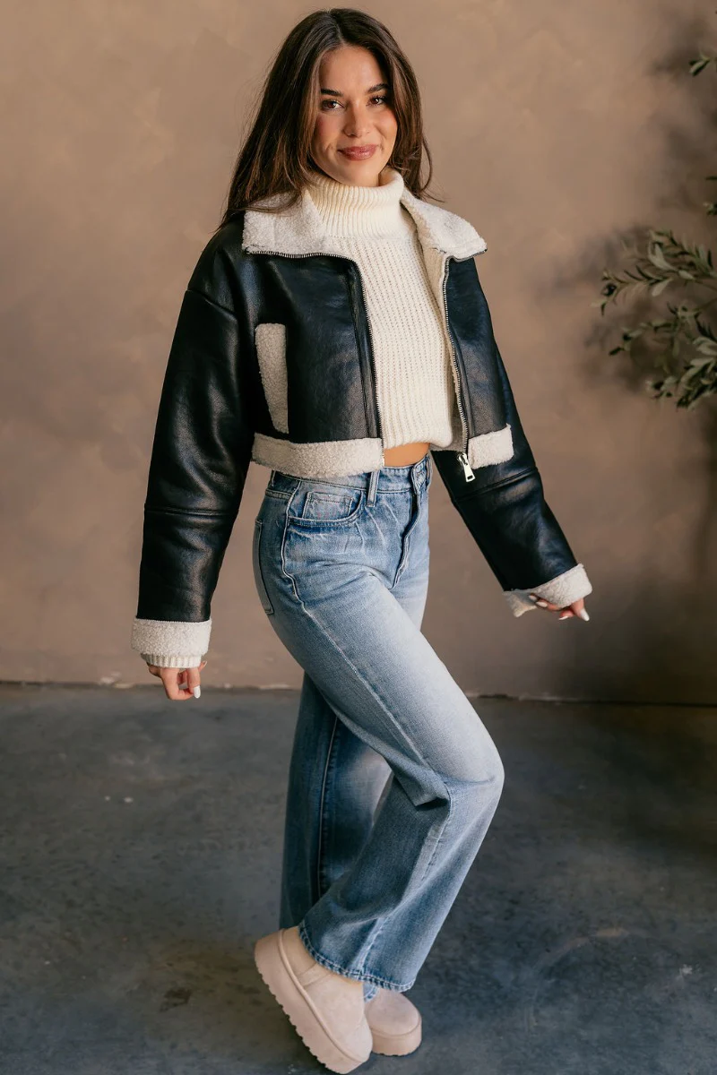 Jamie Black Faux Leather Puffer & Sherpa Cropped Jacket - Image 6