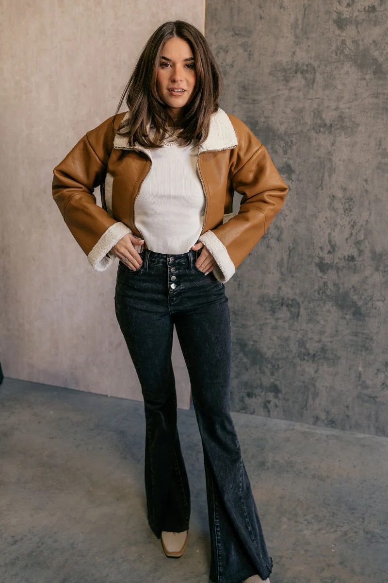 Jamie Brown Faux Leather & Sherpa Cropped Jacket