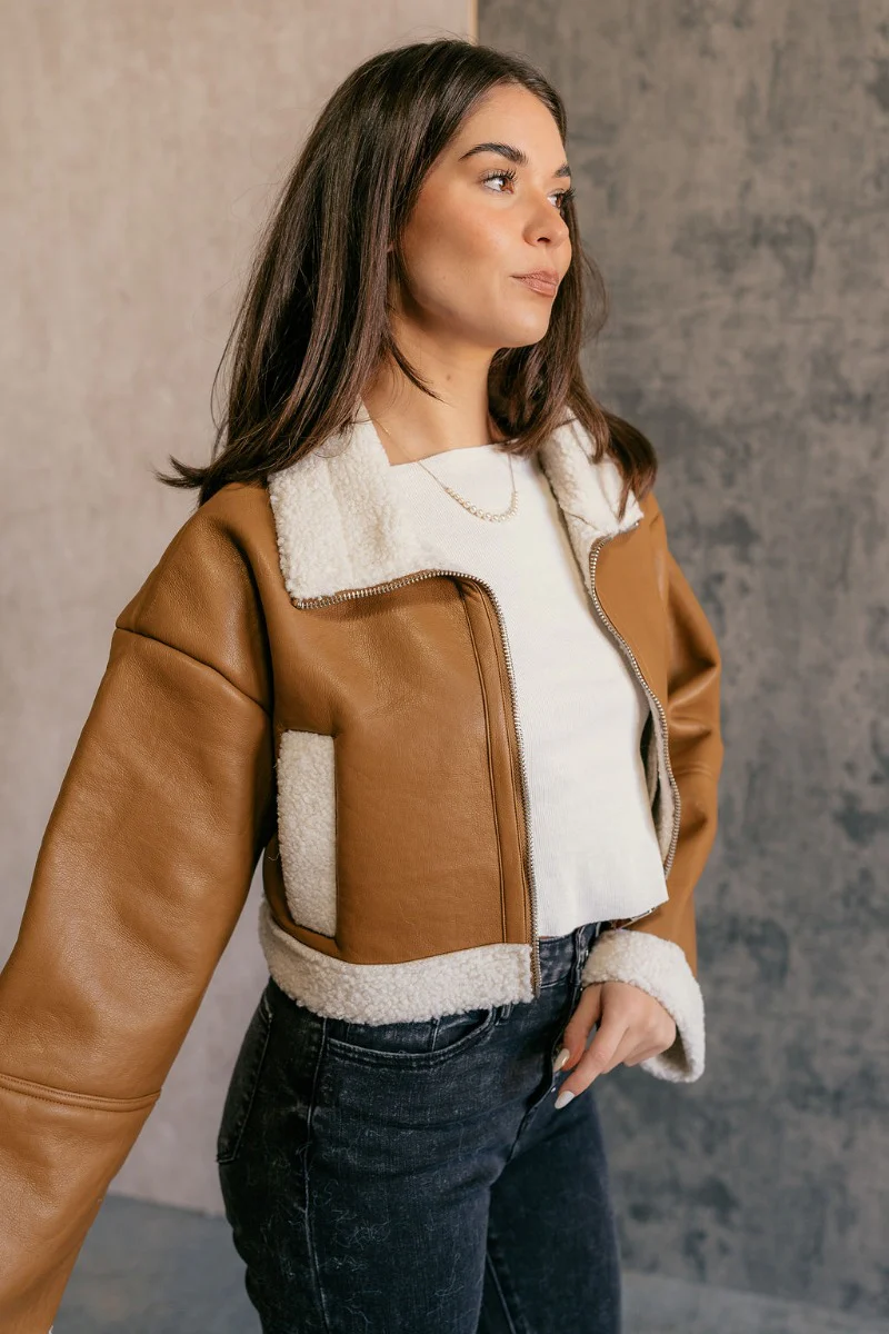 Jamie Brown Faux Leather & Sherpa Cropped Jacket - Image 3