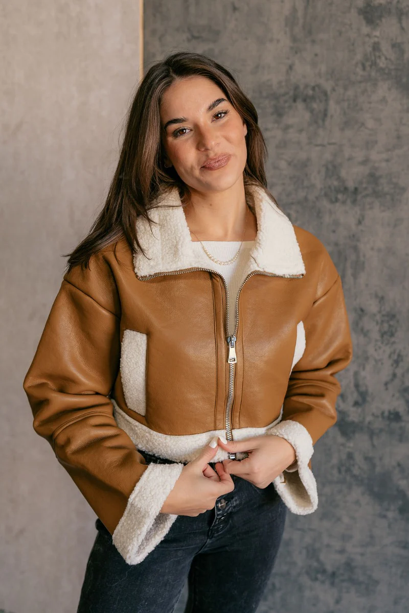 Jamie Brown Faux Leather & Sherpa Cropped Jacket - Image 7