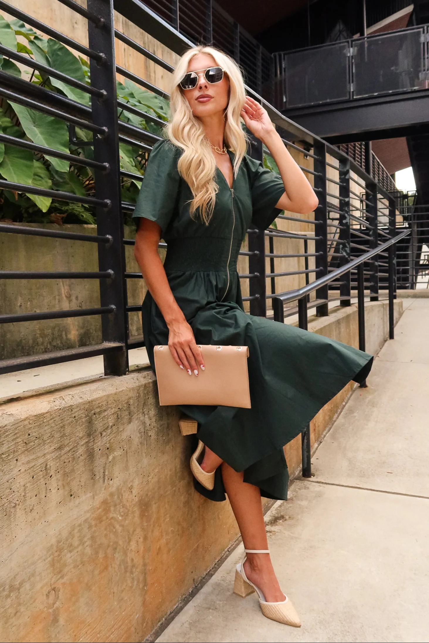 Jamie Green Slit Zip-Up Midi Dress