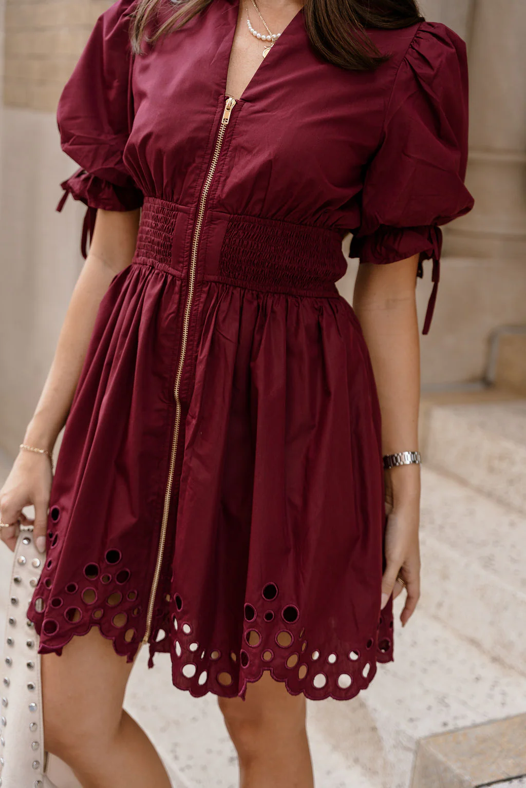 Jana Burgundy Eyelet Zip-Up Mini Dress - Image 7