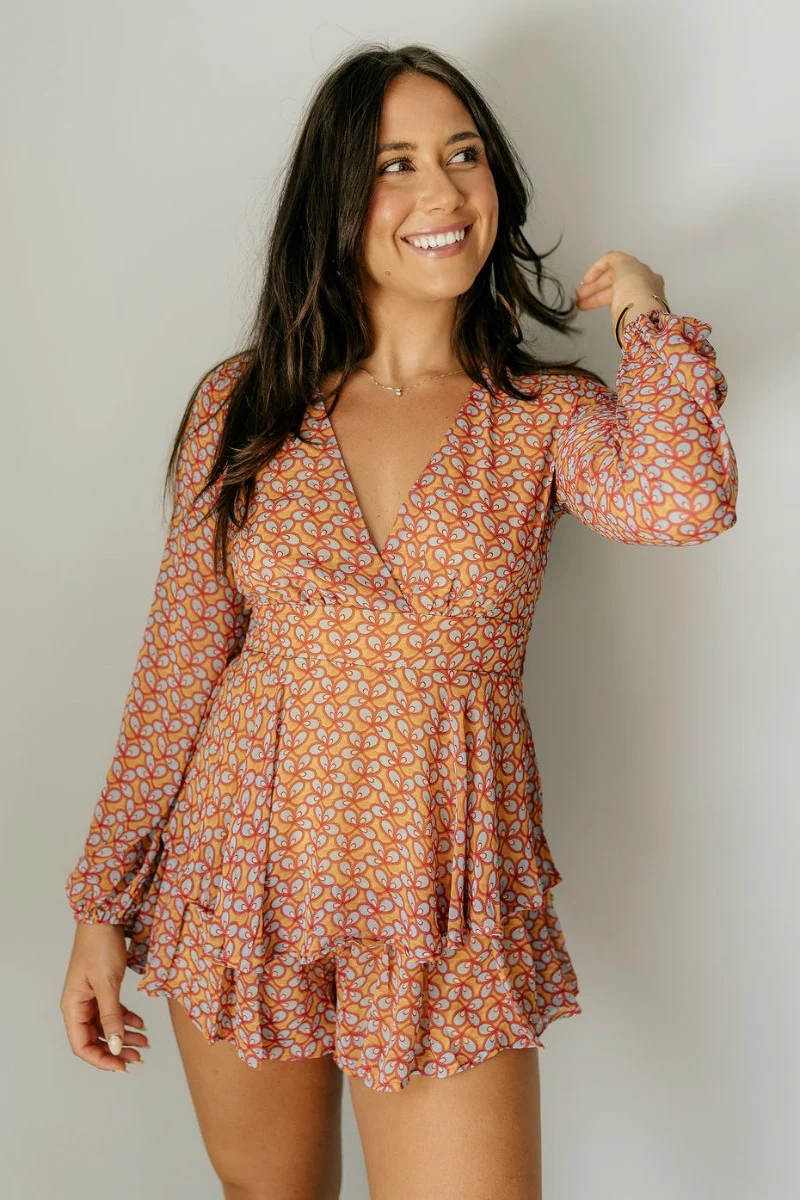 Jane Mustard Printed Long Sleeve Romper - Image 2