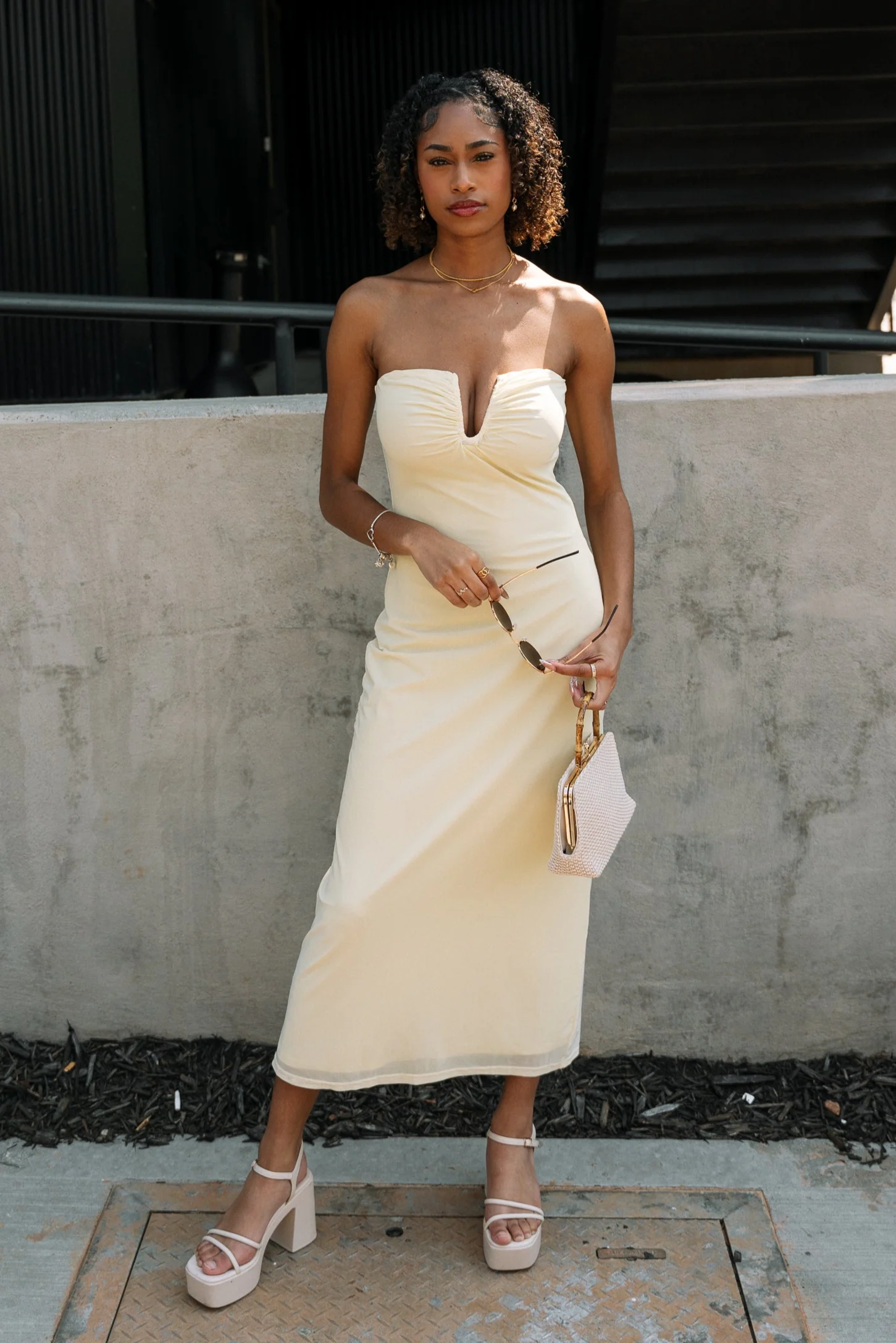 Jane Pale Yellow V-Wire Midi Dress