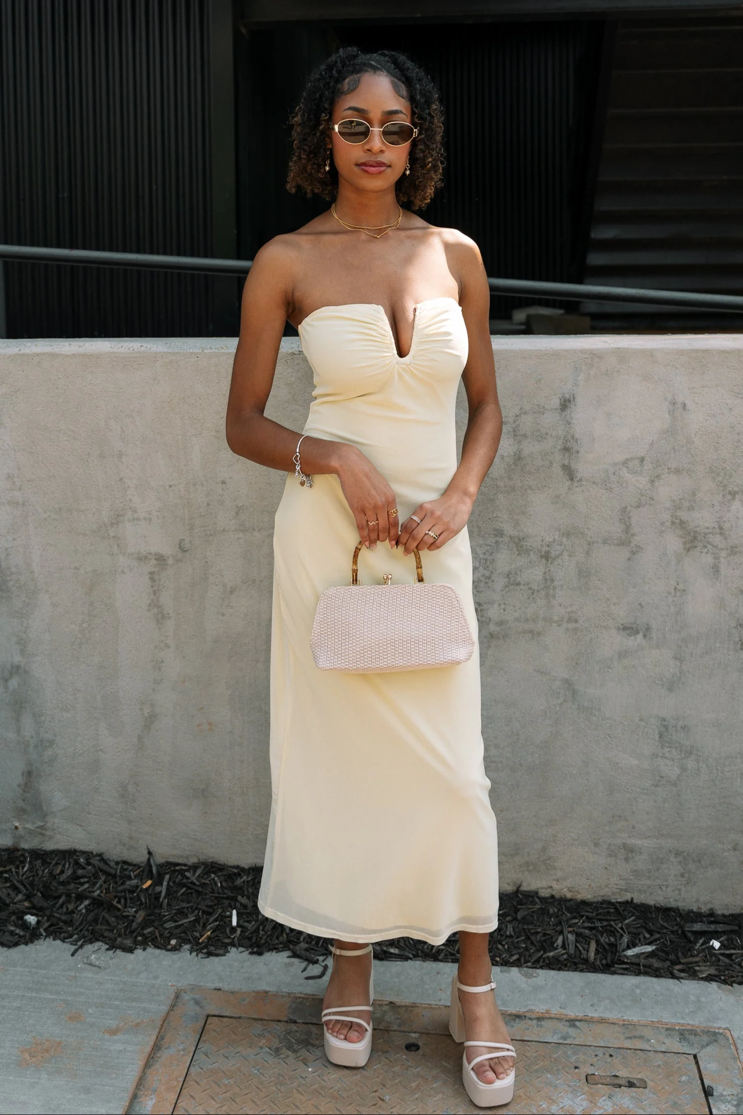 Jane Pale Yellow V-Wire Midi Dress - Image 5
