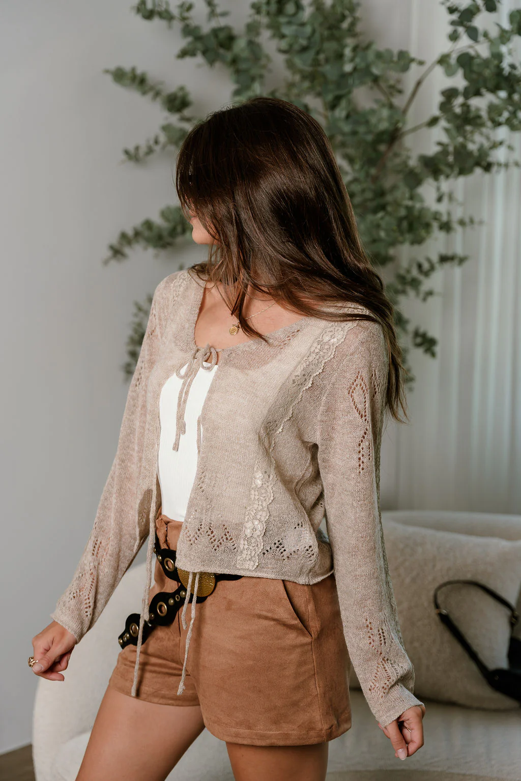 Jane Taupe Knit & Lace Tie Cardigan - Image 3