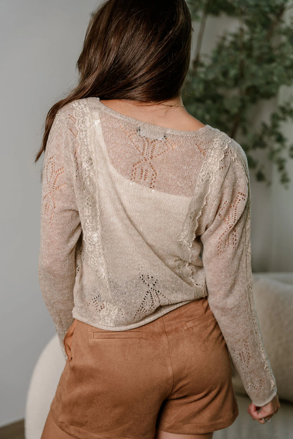 Jane Taupe Knit & Lace Tie Cardigan - Image 4