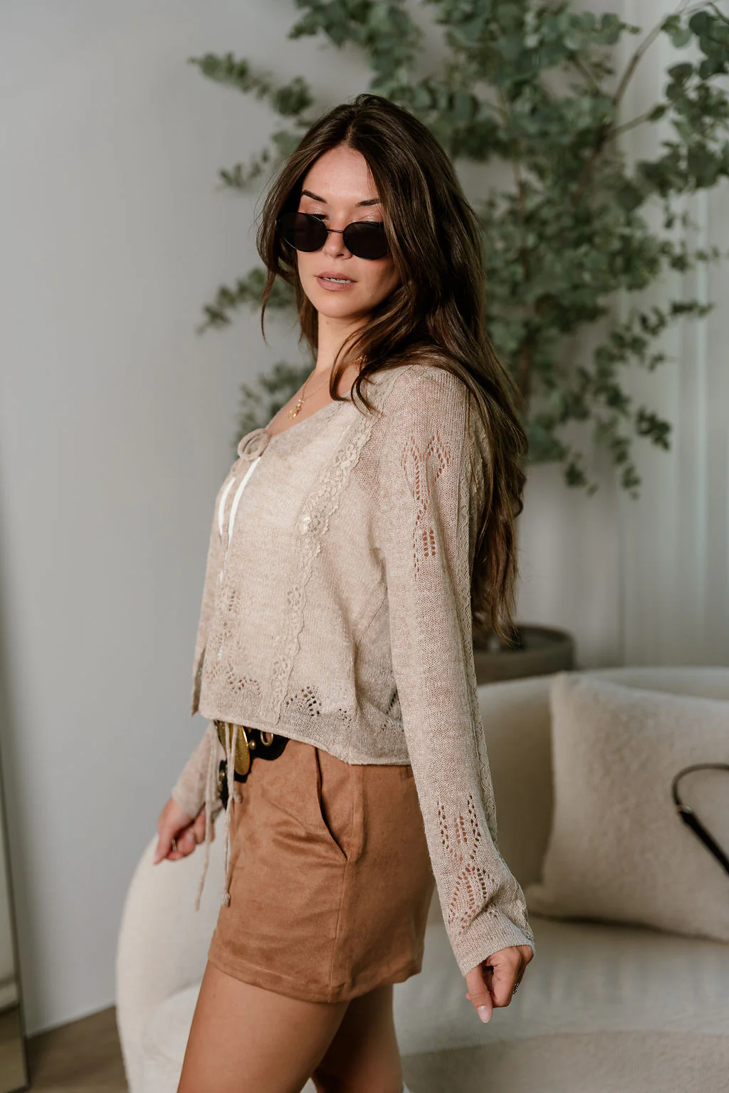 Jane Taupe Knit & Lace Tie Cardigan - Image 6