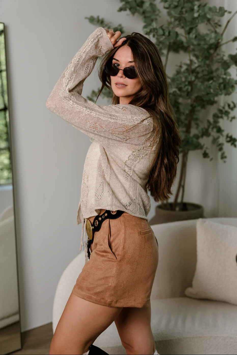 Jane Taupe Knit & Lace Tie Cardigan - Image 7