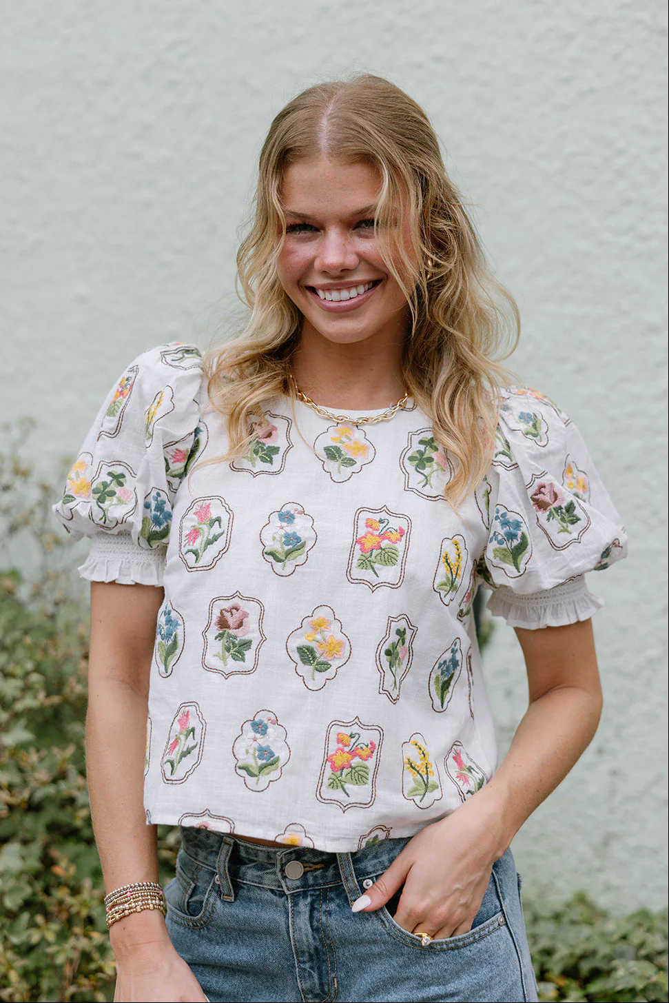 Jane White Multi Floral Stitch Top