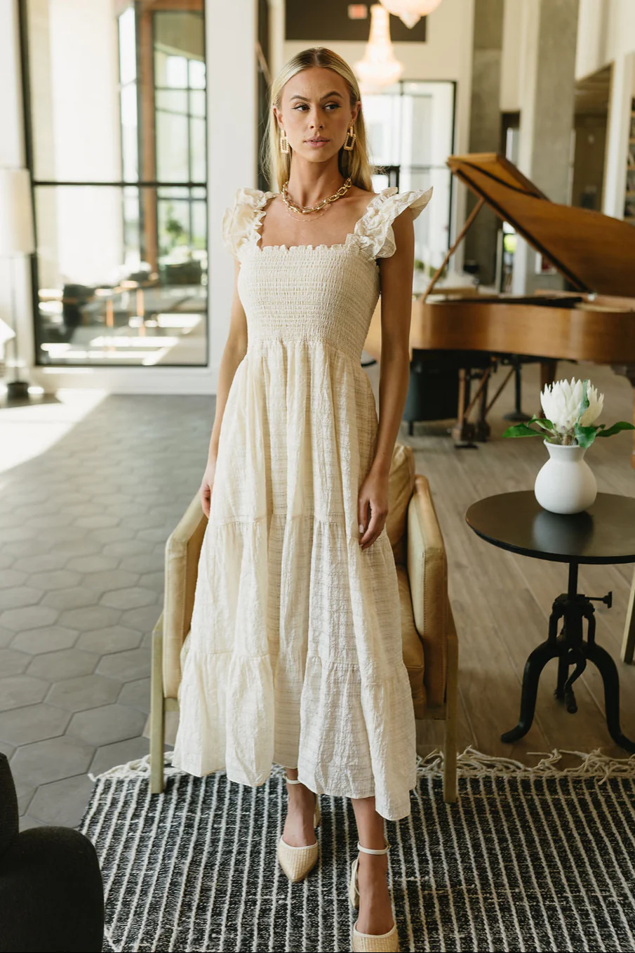 Janelle Cream Ruffled Tiered Midi Dress - Image 2