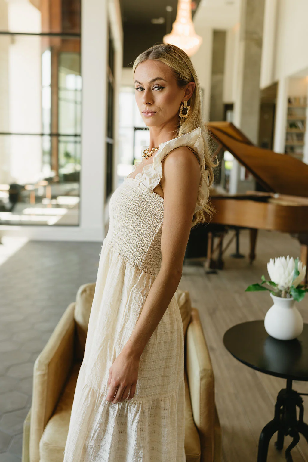 Janelle Cream Ruffled Tiered Midi Dress - Image 3