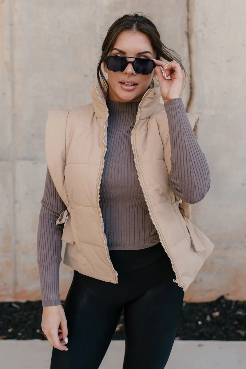 Janelle Light Camel Puffer Side Bows Vest
