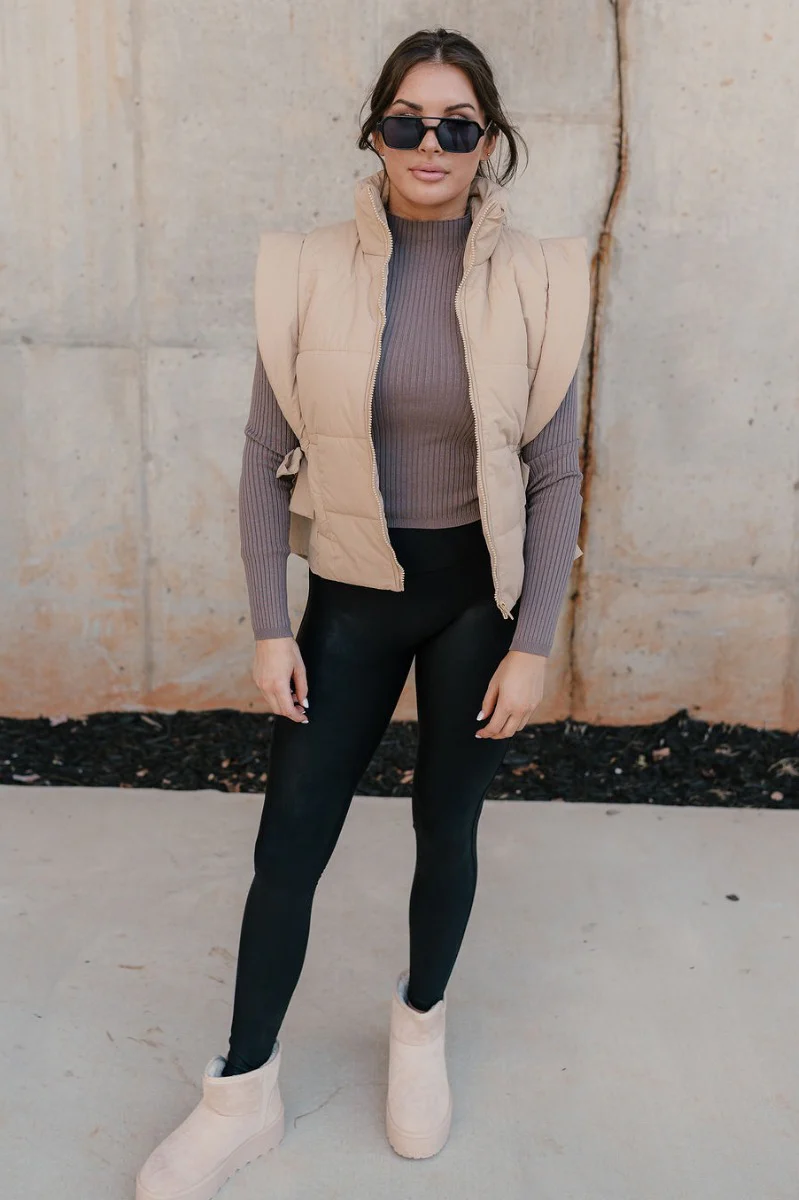 Janelle Light Camel Puffer Side Bows Vest - Image 2