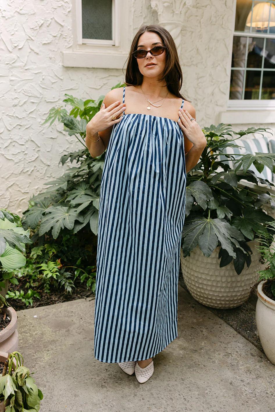 Janelle Navy Blue & Light Blue Stripe Midi Dress - Image 5