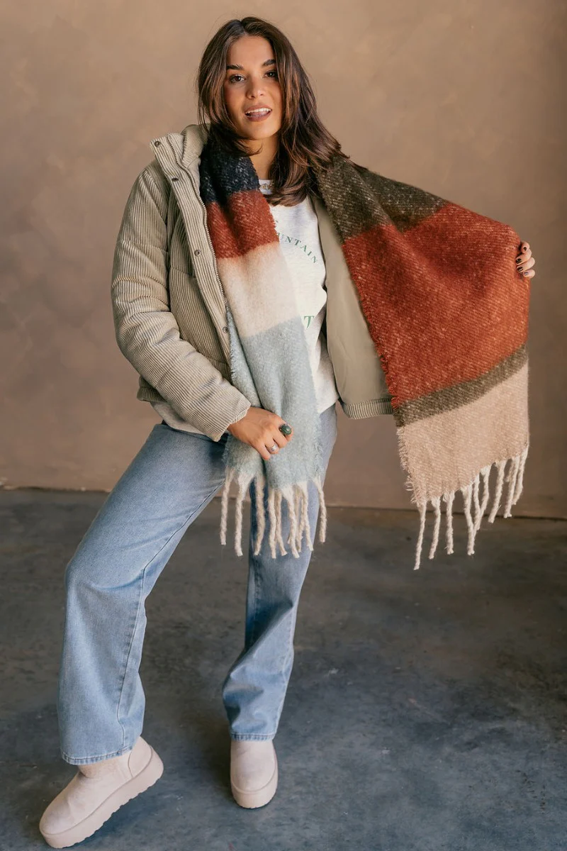 Jasmine Beige Multi Striped Fringe Scarf - Image 2