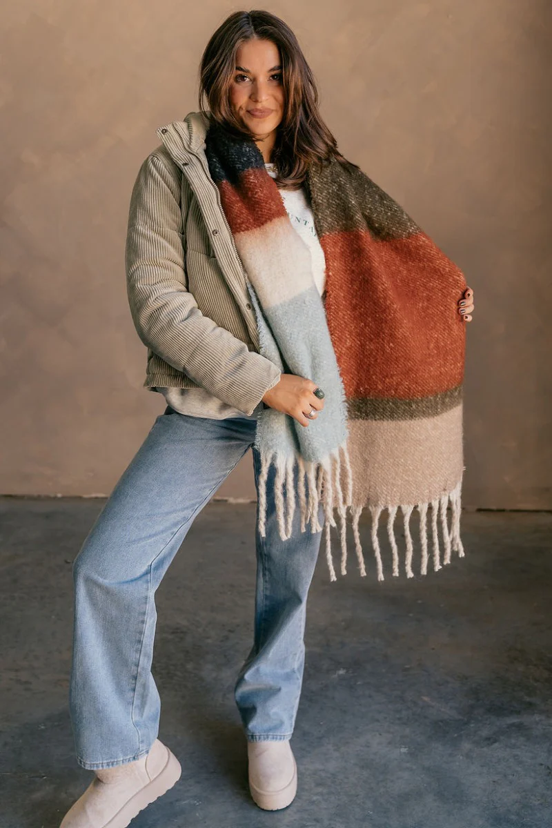 Jasmine Beige Multi Striped Fringe Scarf - Image 3