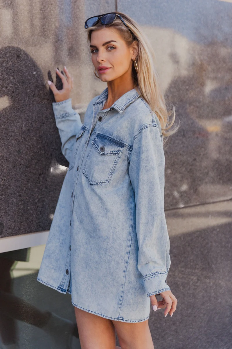 Jasmine Light Denim Wash Buttoned Long Sleeve Dress