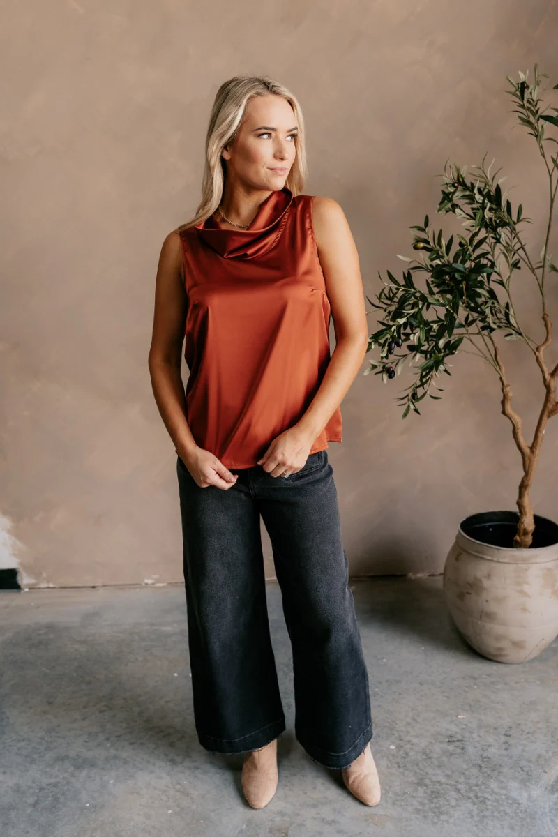 Jasmine Rust Satin Cowl Neck Tank Top