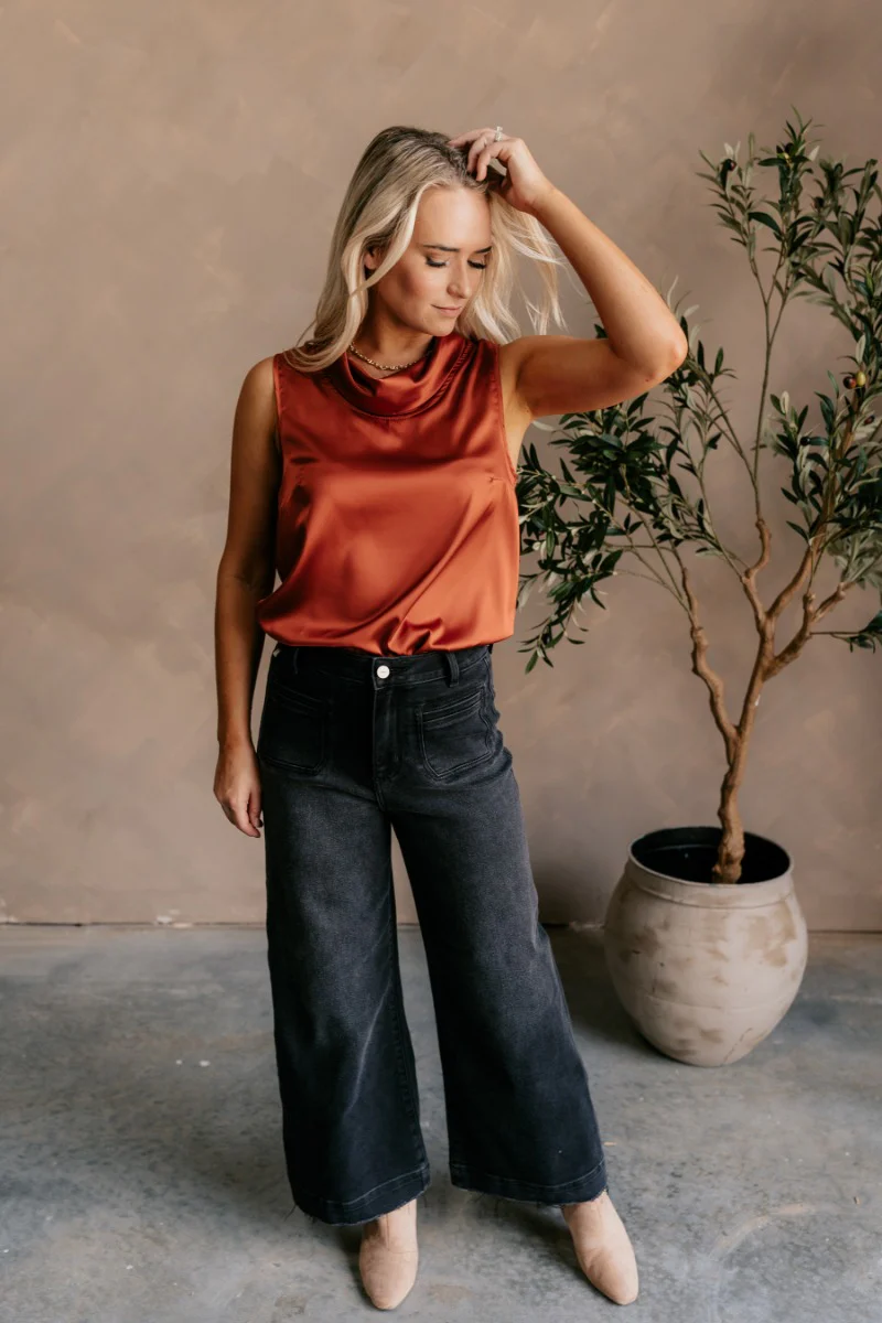 Jasmine Rust Satin Cowl Neck Tank Top - Image 2