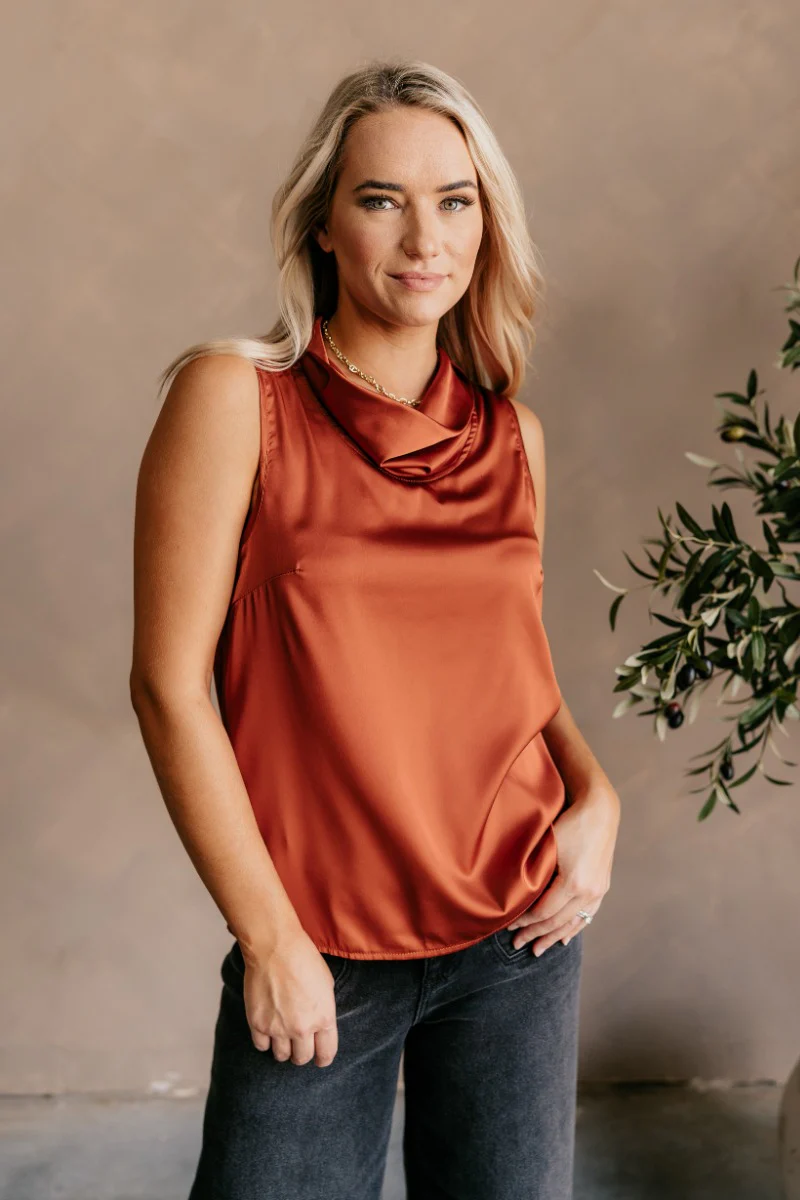 Jasmine Rust Satin Cowl Neck Tank Top - Image 3