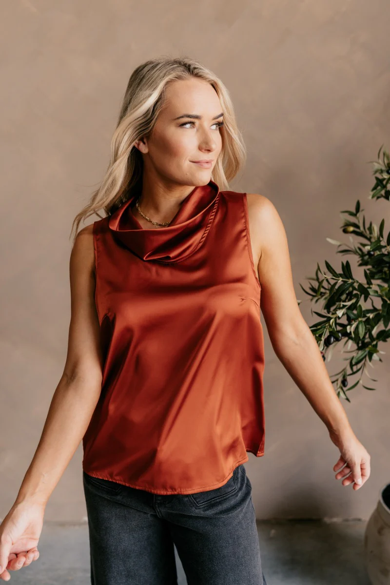 Jasmine Rust Satin Cowl Neck Tank Top - Image 4