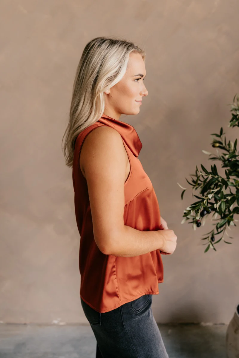 Jasmine Rust Satin Cowl Neck Tank Top - Image 6