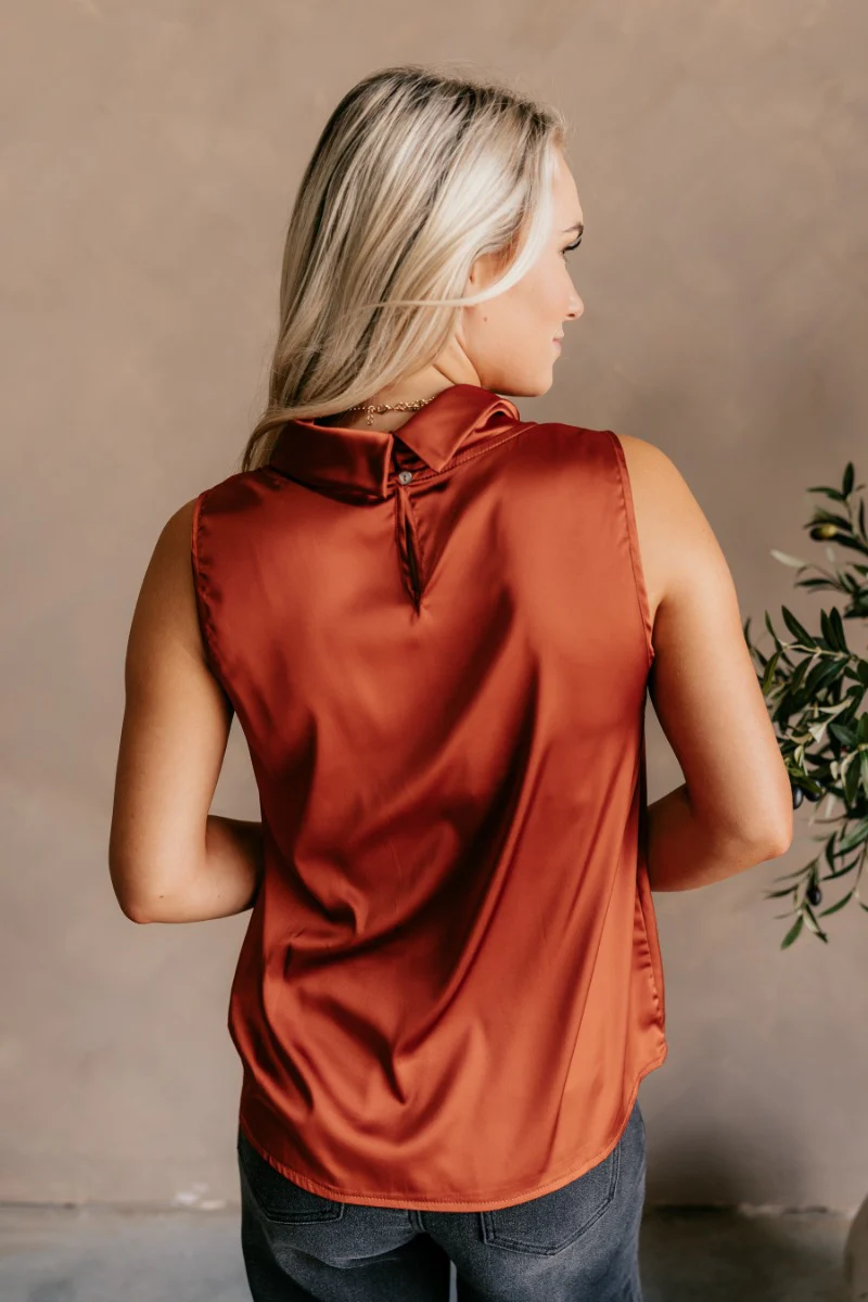 Jasmine Rust Satin Cowl Neck Tank Top - Image 7