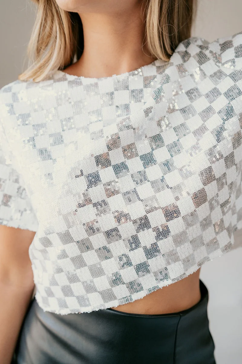 Jayde White & Silver Sequin Checkered Cropped Short Sleeve Top - Image 6